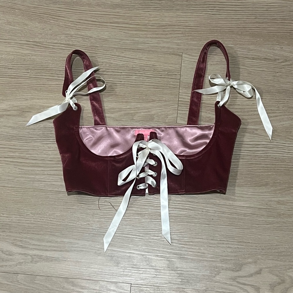 Pink Velvet Corset with Cream Ribbon Size Medium